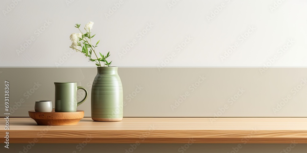 Simple Japanese-style kitchen interior with cozy counter mockup design and vibrant natural wood green counter, complemented by a warm white wall and a glass vase with grass and a mug. - obrazy, fototapety, plakaty 