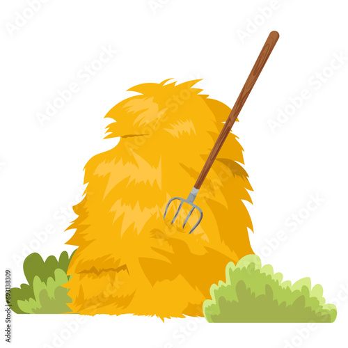 Pitchfork in haystack with bushes with white background. Vector illustration of hay for animals, cattle, food, farmers, fodder, business, web and more photo