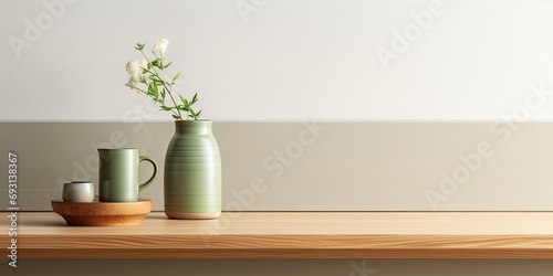 Simple Japanese-style kitchen interior with cozy counter mockup design and vibrant natural wood green counter, complemented by a warm white wall and a glass vase with grass and a mug.