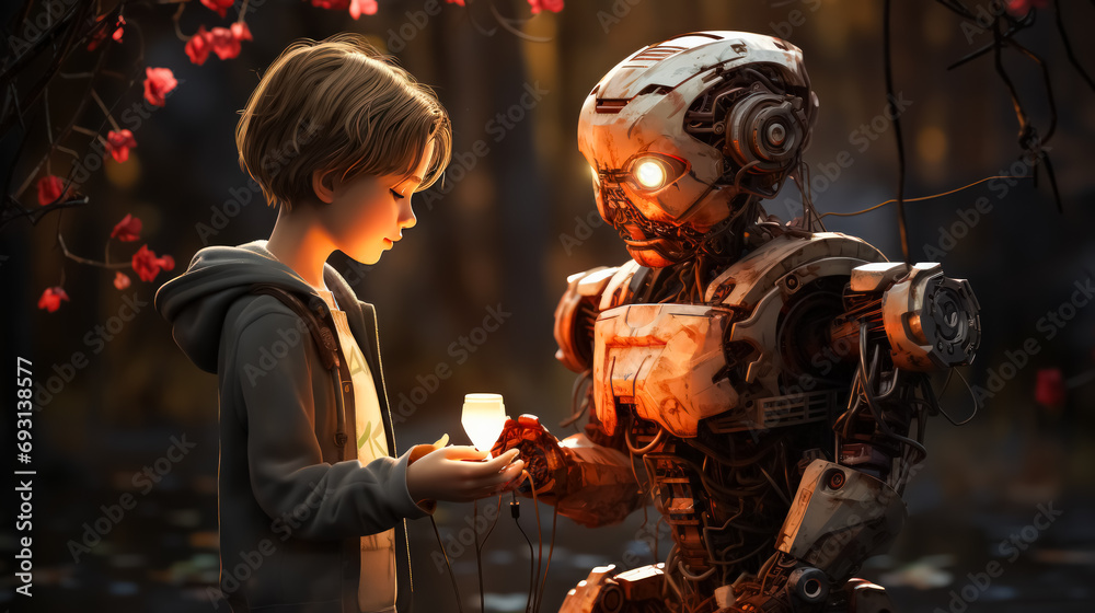 Innocence meets innovation: Child holding a candle faces a robot, a poignant illustration symbolizing the blend of youthful wonder and technological progress.