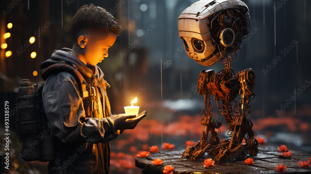 Innocence meets innovation: Child holding a candle faces a robot, a poignant illustration symbolizing the blend of youthful wonder and technological progress. Innocence meets innovation: Child holding a candle faces a robot, a poignant illustration symbolizing the blend of youthful wonder and technological progress.