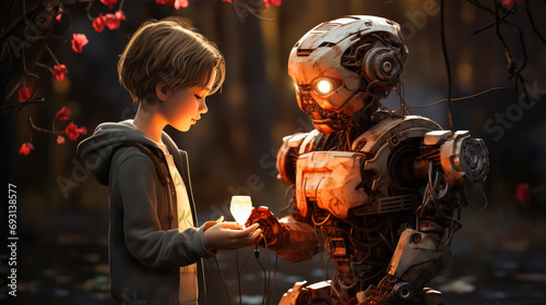 Innocence meets innovation: Child holding a candle faces a robot, a poignant illustration symbolizing the blend of youthful wonder and technological progress.