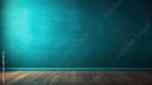 Interior background for presentations featuring an empty wall in blue turquoise and a wooden floor, illuminated with captivating glare from the window © Matthew