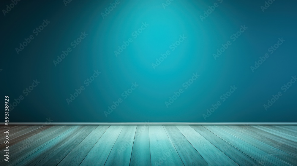 Interior background for presentations featuring an empty wall in blue turquoise and a wooden floor, illuminated with captivating glare from the window Interior background for presentations featuring an empty wall in blue turquoise and a wooden floor, illuminated with captivating glare from the window