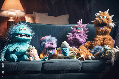 Monstrous leisure, Creatures on the couch, enjoying TV time. A whimsical and entertaining scene captured in this delightful stock photo moment. photo