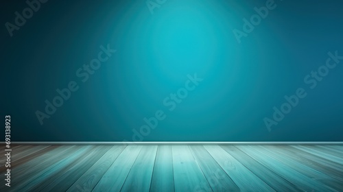 Interior background for presentations featuring an empty wall in blue turquoise and a wooden floor, illuminated with captivating glare from the window © Matthew