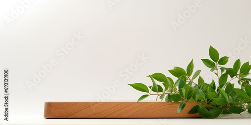 Minimal wooden table with podium for product presentation and display on white background with green leaves.