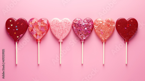 
shiny candy heart shaped lollipop isolated on pink pastel background photo