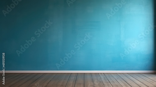 Interior background for presentations featuring an empty wall in blue turquoise and a wooden floor, illuminated with captivating glare from the window