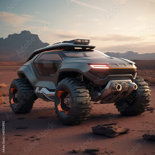 3D rendering of a brand-less generic SUV in the desert. AI.