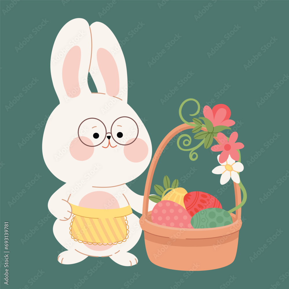 A cute white Easter bunny rabbit and basket with painted eggs. Flat cartoon character for Happy Easter greeting card, invitation, sticker, web design, banner. Vector illustration of Easter symbols. A cute white Easter bunny rabbit and basket with painted eggs. Flat cartoon character for Happy Easter greeting card, invitation, sticker, web design, banner. Vector illustration of Easter symbols.