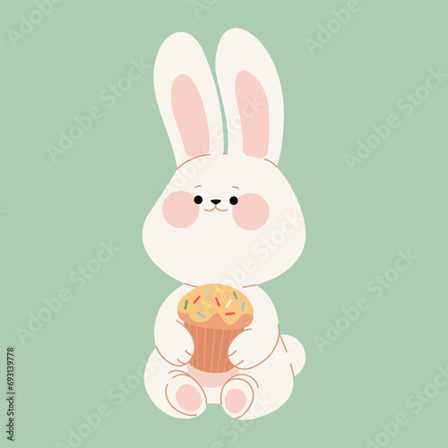 A cute white Easter bunny rabbit holds a traditional cake. Flat cartoon character for Happy Easter greeting card, invitation, sticker, web design, Easter banner. Vector illustration of Easter symbols.