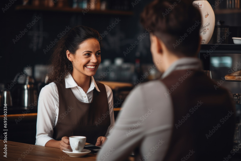 woman barista is talking and giving advice on coffee drinking at a coffee shop