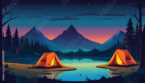 Camping in the mountains by the lake at night. Vector illustration. Generative AI