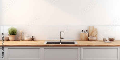 Contemporary kitchen with white wall and wooden countertops featuring a built-in sink and cooker. visualization mockup with empty area.