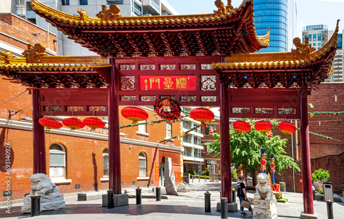 Chinese Pagoda in Chinatown Melbourne  an ethnic enclave with laneways  alleys and arcades. Established in the 1850s  it is the oldest Chinatown in the Southern Hemisphere. Australia 2019
