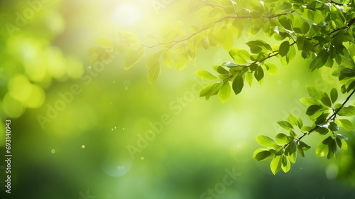 Green bio background with blurred foliage, bright sunlight, and copyspace for text or ads © Ilja