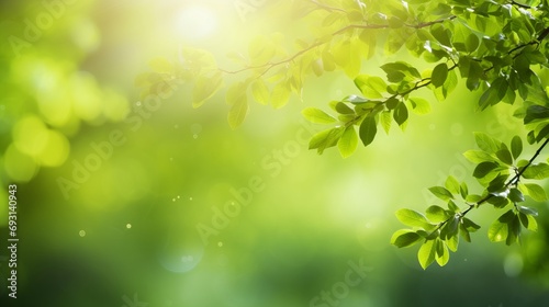 Green bio background with blurred foliage, bright sunlight, and copyspace for text or ads