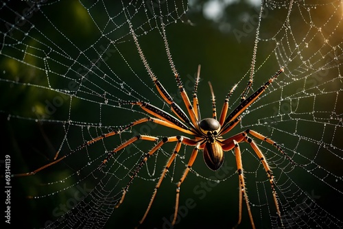 The intricate web of a golden silk orb-weaver spider, glistening with dewdrops in the early morning light, capturing the beauty of nature's delicate architecture.