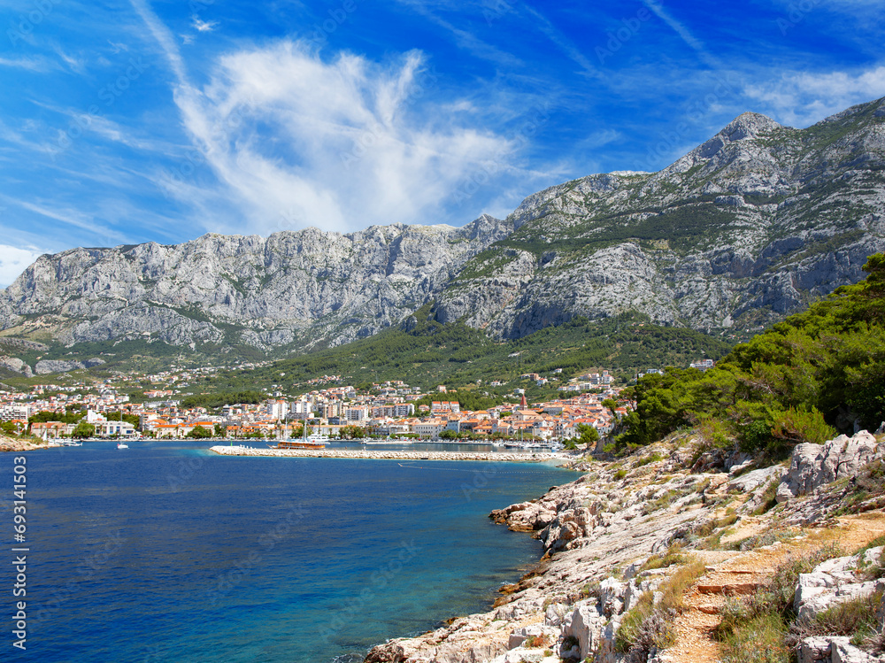 View of the resort town of Makarska in the summer day. Croatia