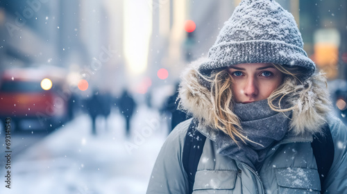 Bundled up against a winter chill, a person faces the snowy cityscape, epitomizing urban winter life. woman portrait