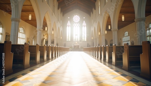 Tranquil easter service in radiant church interior with warm light through stained glass windows.