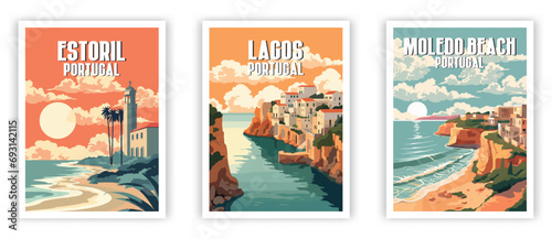 Moledo Beach, Lagos, Estoril Illustration Art. Travel Poster Wall Art. Minimalist Vector art.
