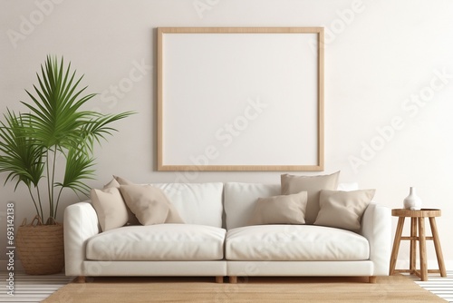 A blank mock-up frame and poster set against a boho-style interior decor