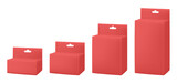 Set of red paper packaging boxes with hanging hole. Blank product package mockup.	
