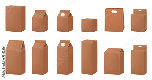 Brown boxes for dairy products. Blank cardboard package boxes mockup. Box set. Set of juice or milk cardboard package. Vector mockup set. Realistic carton package with cap. Hanging hole. Shopping bag