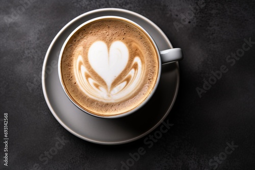Romantic cup of latte coffee with heart shaped foam art on top  top view on love themed background