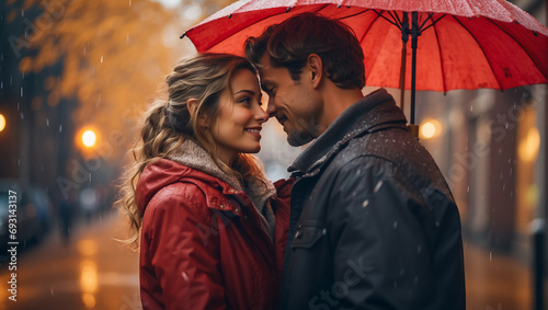 Couple in love, man and woman under an umbrella, autumn walking