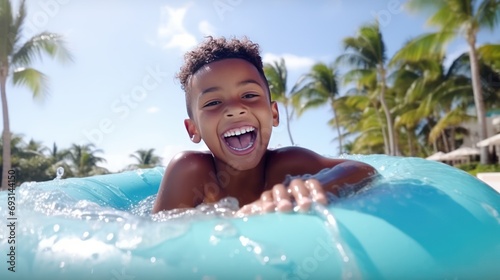 Face of a happy laughing African American boy in pool. The boy swims in the pool after going down the water slide in summer photo