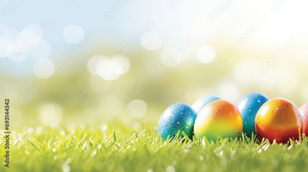 Easter banner with colorful eggs in grass, sun rays, and ample copy space for text placement.