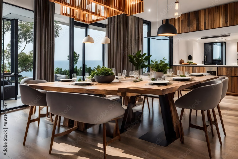 view of wooden dining table in modern home.