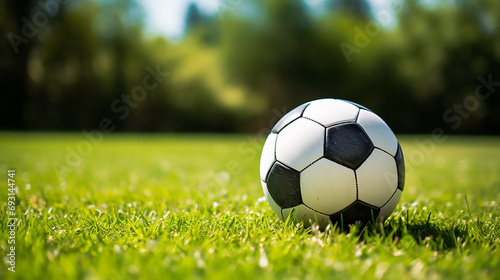 Classic black and white soccer ball on green grass