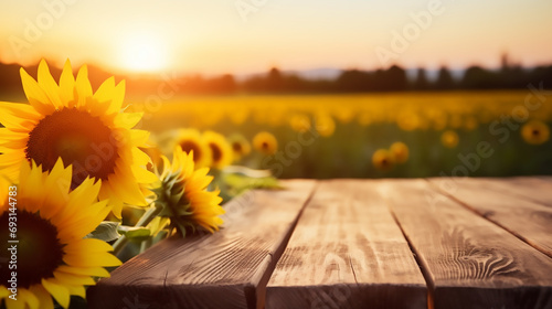 Empty old wooden table with Beautiful sunset over sunflowers field background, Template, Mock up  photo