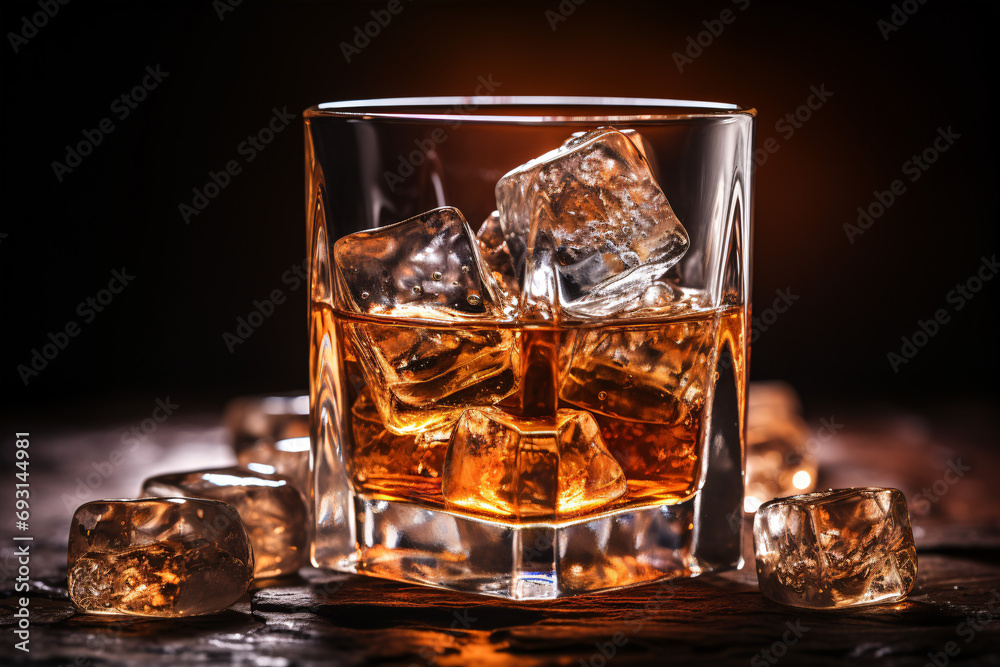 A close-up of an icy rocks glass featuring a pour of whisky. A close-up of an icy rocks glass featuring a pour of whisky.
