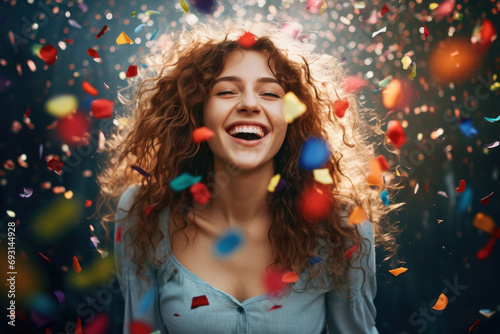 A delighted woman smiles under a shower of heart-shaped confetti