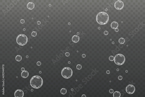 Realistic soap vector bubbles png isolated on transparent background. The effect of falling and flying bubbles. Glass bubble effect.	
 photo