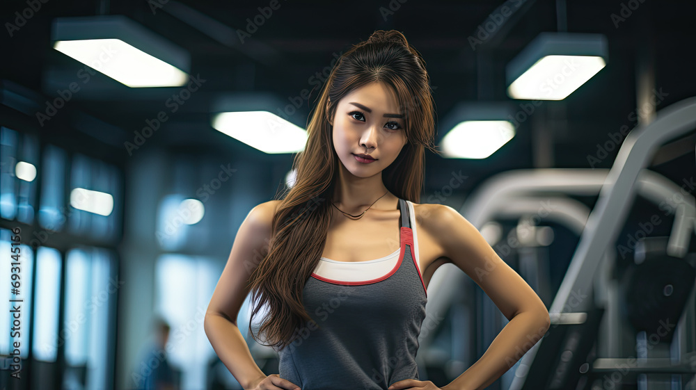 Athletic Asian woman in the gym. Advertising banner concept for gym or fitness trainer.