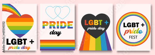 Lovely  greeting cards in rainbow color. Social media post, stories, poster template with LGBT rainbow flag. Collection of Cards for pride month celebration. Gay parade