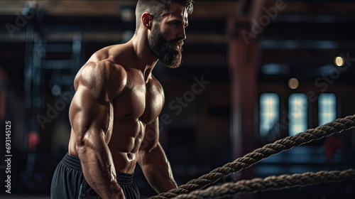 Shirtless muscular man doing battle rope workout at gym. Advertising banner concept for a gym or fitness trainer.