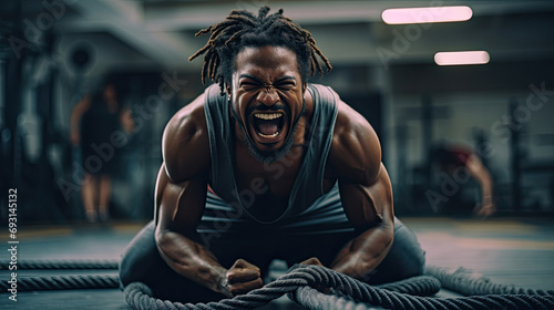 African American muscular man screaming and doing battle rope workout at gym. Advertising banner concept for a gym or fitness trainer. photo