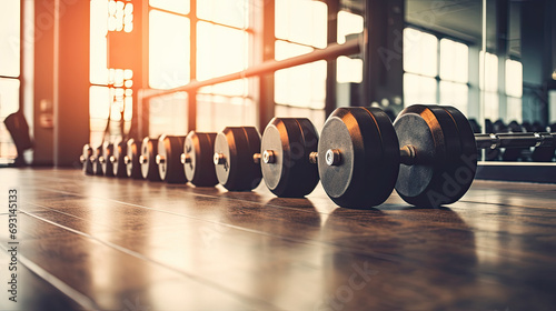 A row of collapsible dumbbells on the floor in the gym.