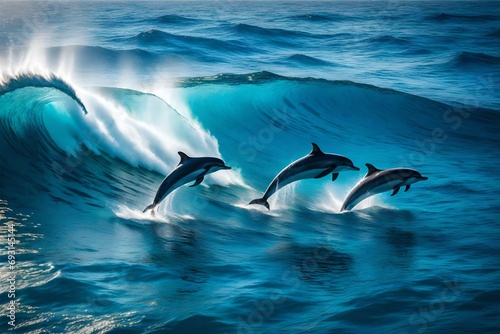 A pod of dolphins dancing playfully in the sparkling waves of the open ocean  their sleek bodies caught in a moment of pure joy.