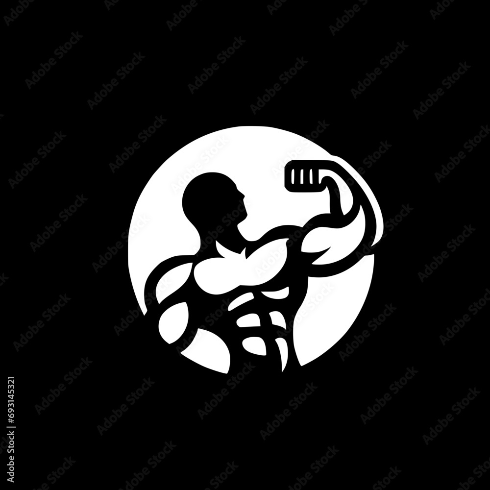 a logo or icon of a muscular person flexing their arm. The logo is a circle with a muscular person flexing his arm inside. The person is facing to the right and the arm is raised above the head. 