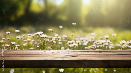 Fototapeta Naklejka Na Ścianę i Meble -  Empty old wooden table with defocused beautiful meadow full of spring flowers background, Template, Mock up 