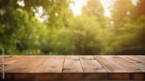 Empty old wooden table with green nature background, Template, Mock up 