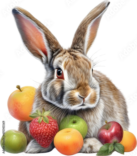 A close-up image of a colorful rabbit and fruits. 